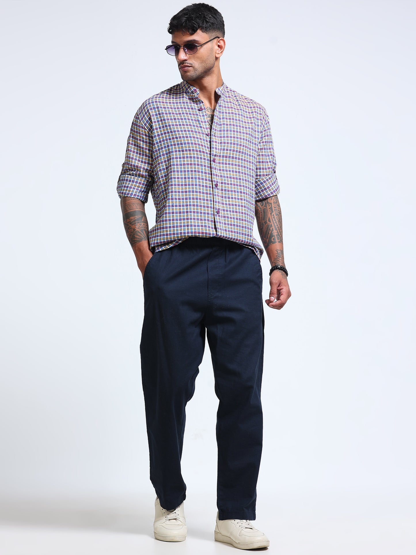 Blue Ember Check Chinese Collar Shirt