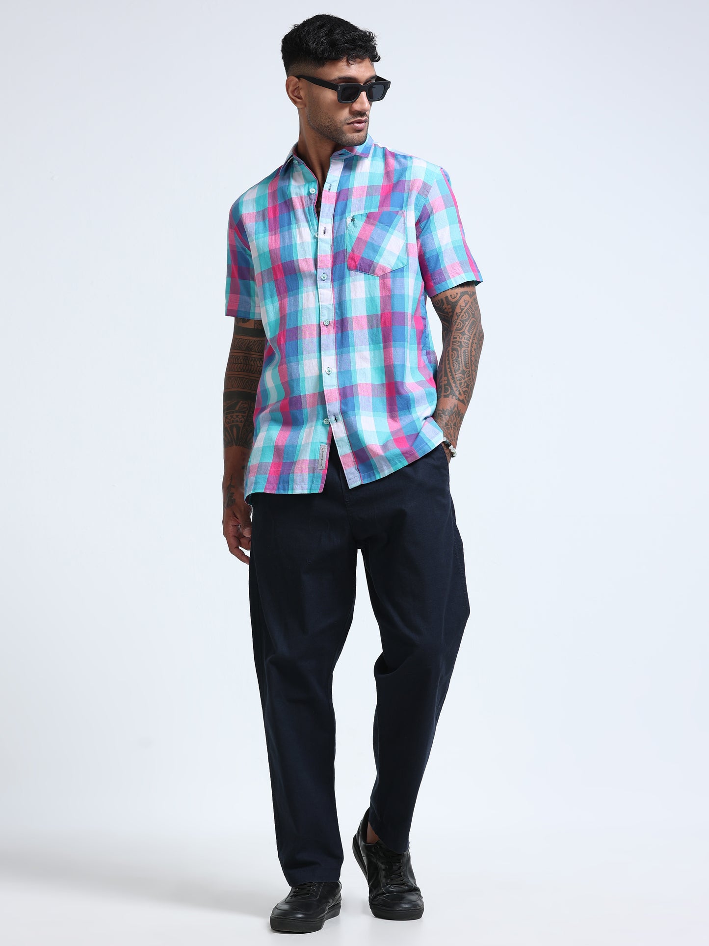 Aqua Horizon Check Half Sleeve Shirt