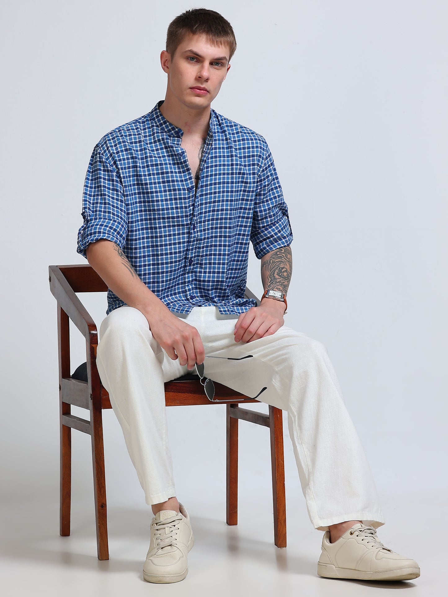 Blue Imperial Check Chinese Collar Shirt