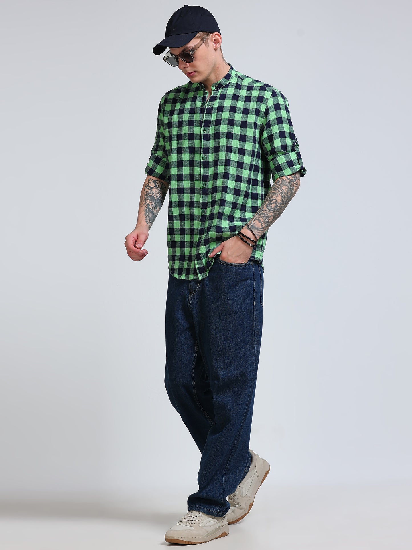 Green Horizon Check Chinese Collar Shirt