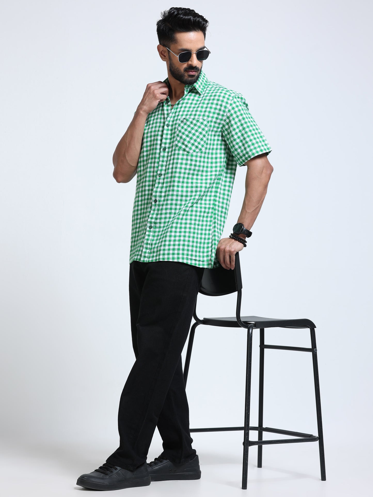 Green Monarch Check Half Sleeve Shirt