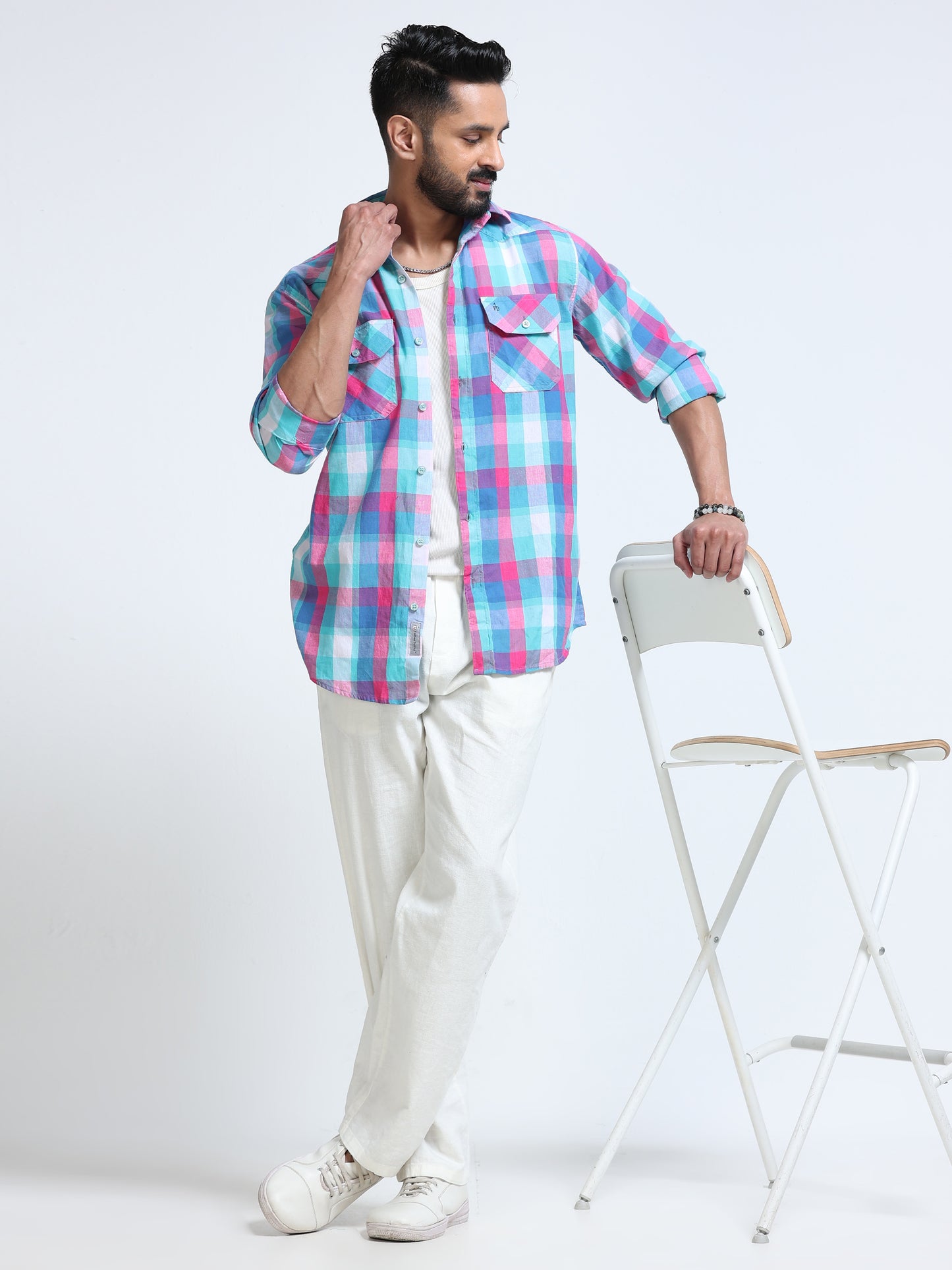 Aqua Horizon Check Double Pocket Shirt