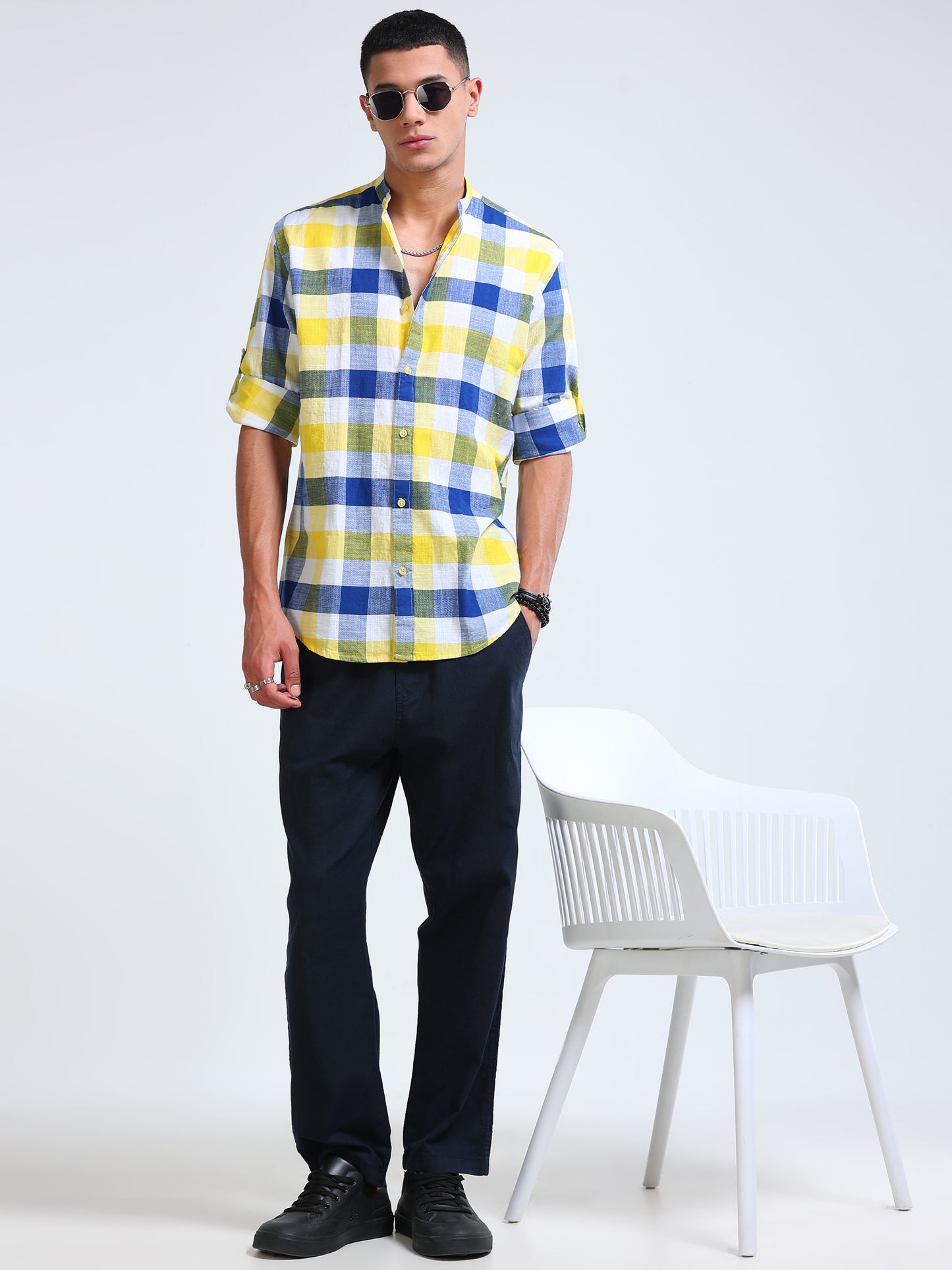 Coastal Grid Check Chinese Collar Shirt