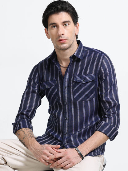 Yarn-Dyed Blue Stripe Cotton Shirt