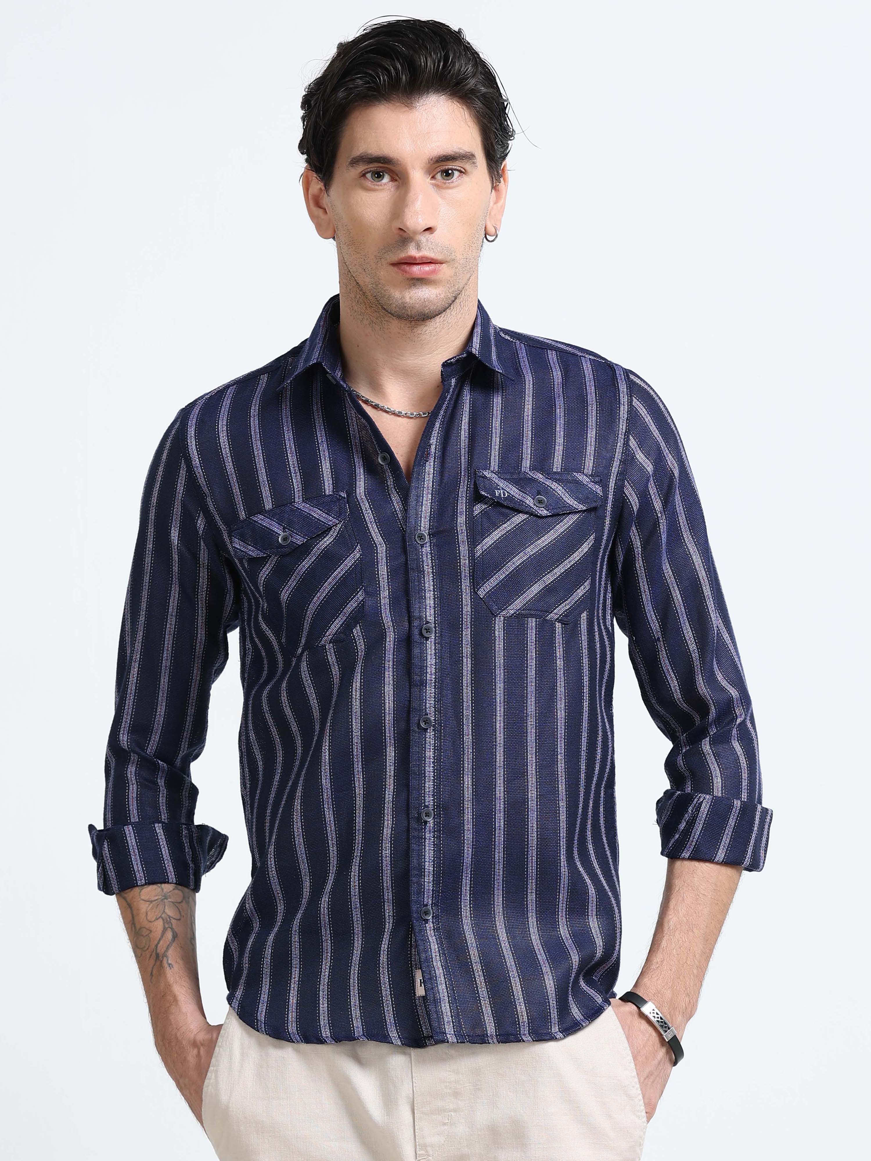 Yarn-Dyed Blue Stripe Cotton Shirt
