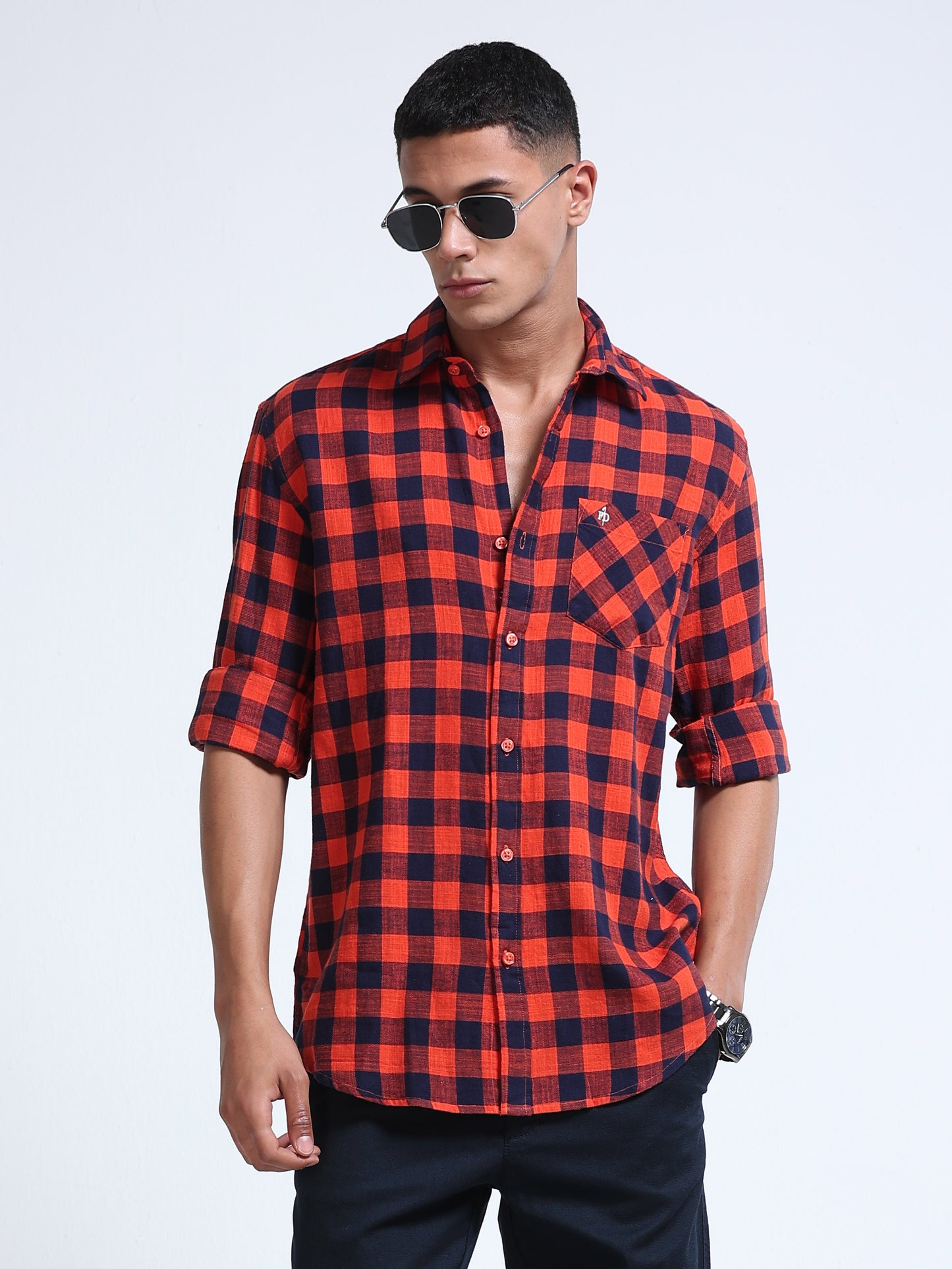 Men Red Wood Plaid Check Shirt