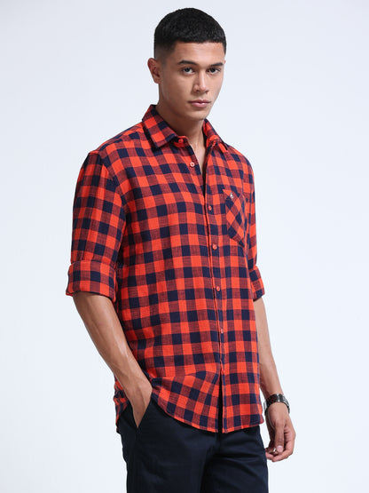Men Red Wood Plaid Check Shirt