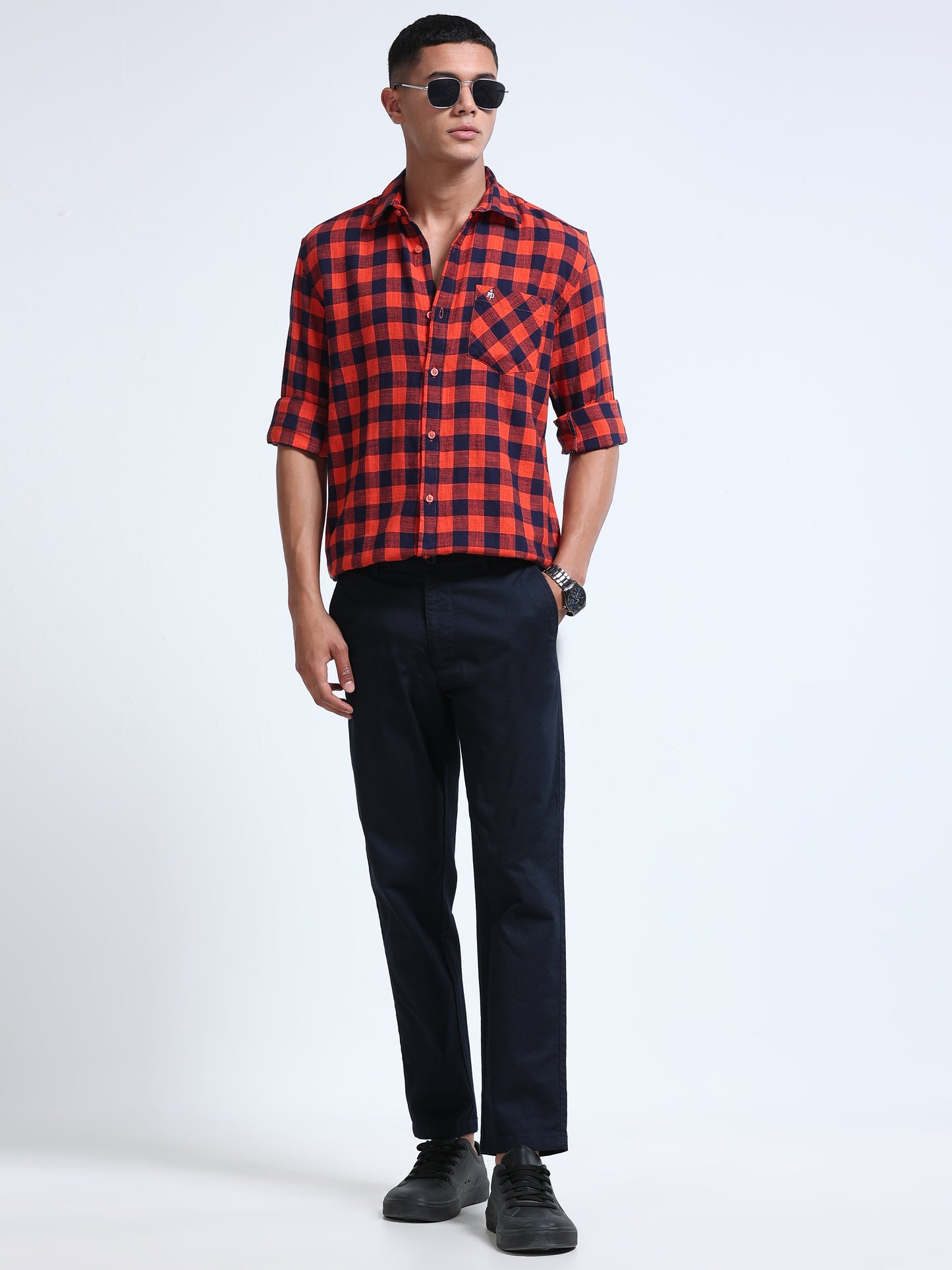 Men Red Wood Plaid Check Shirt