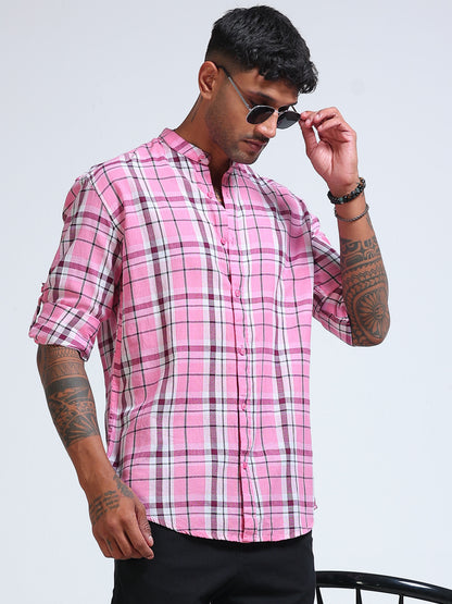 Pink Horizon Check Chinese Collar Shirt