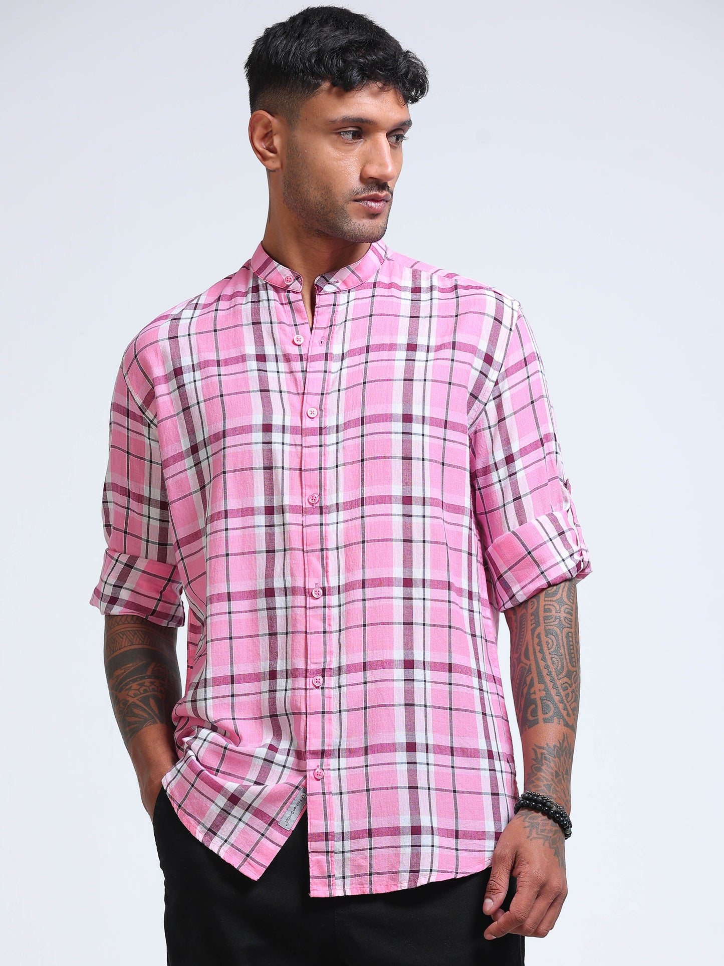 Pink Horizon Check Chinese Collar Shirt