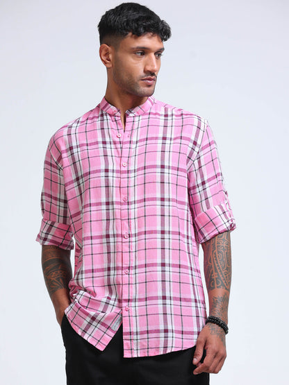 Pink Horizon Check Chinese Collar Shirt