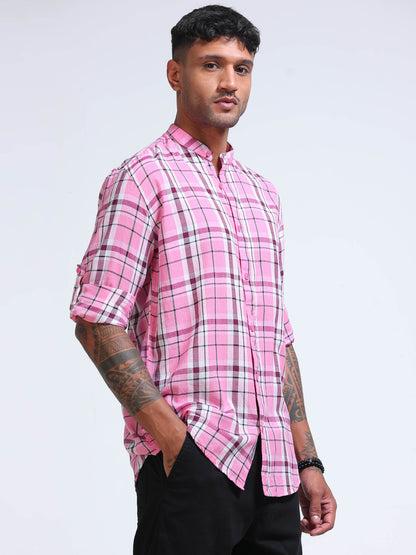 Pink Horizon Check Chinese Collar Shirt