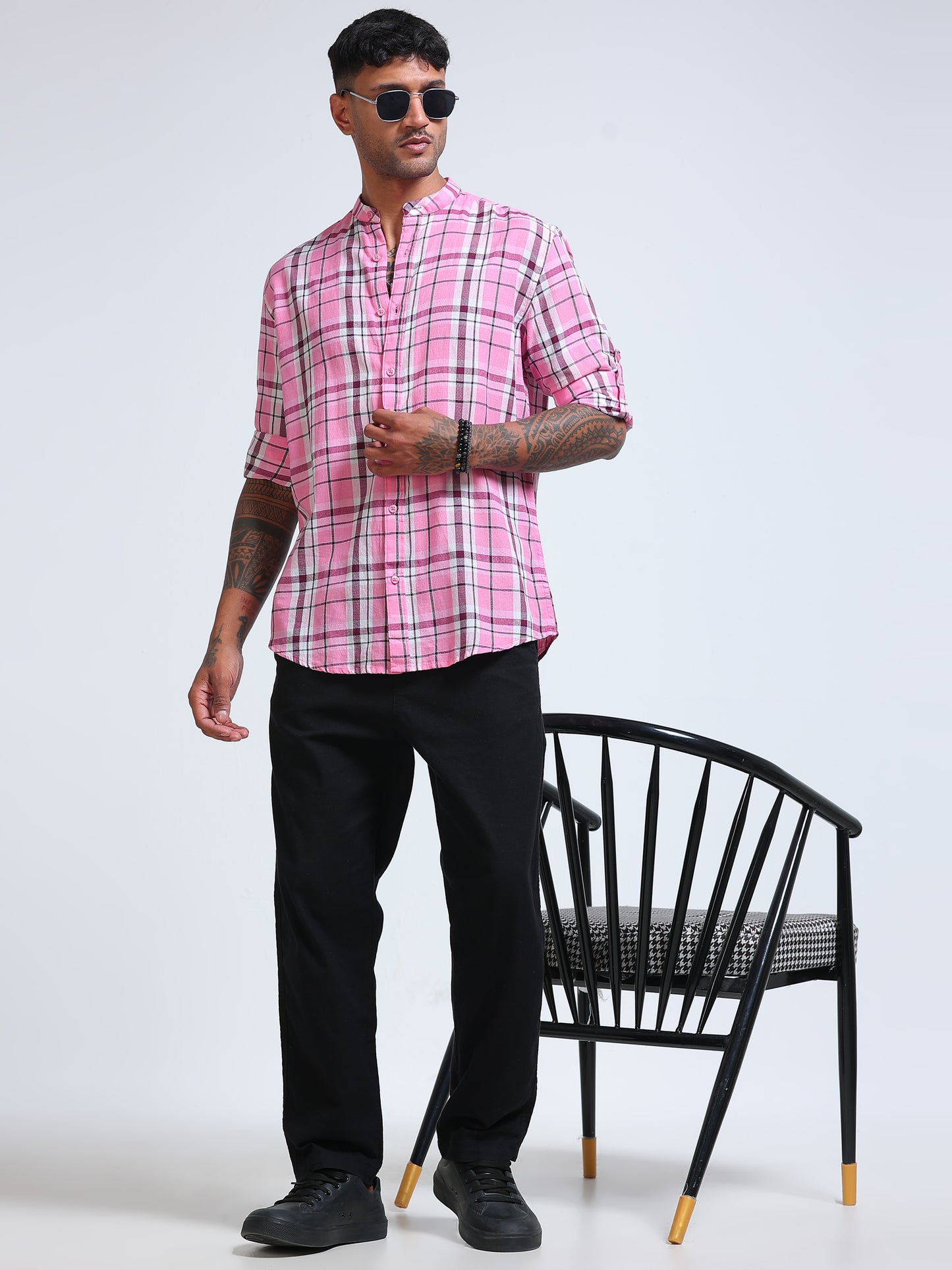 Pink Horizon Check Chinese Collar Shirt