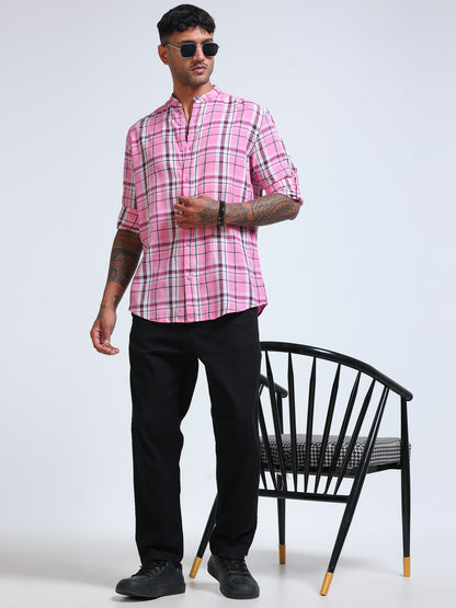 Pink Horizon Check Chinese Collar Shirt