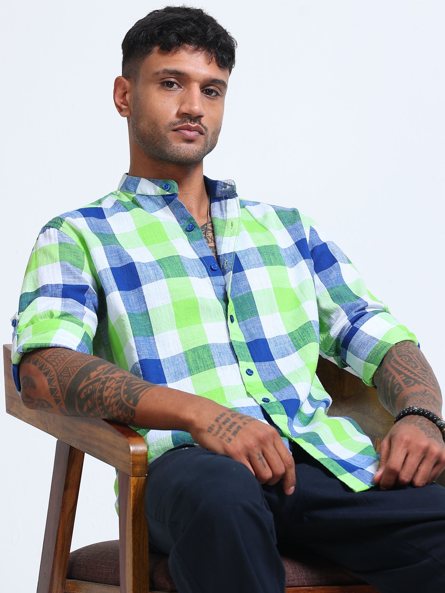 Capri Green Check Chinese Collar Shirt