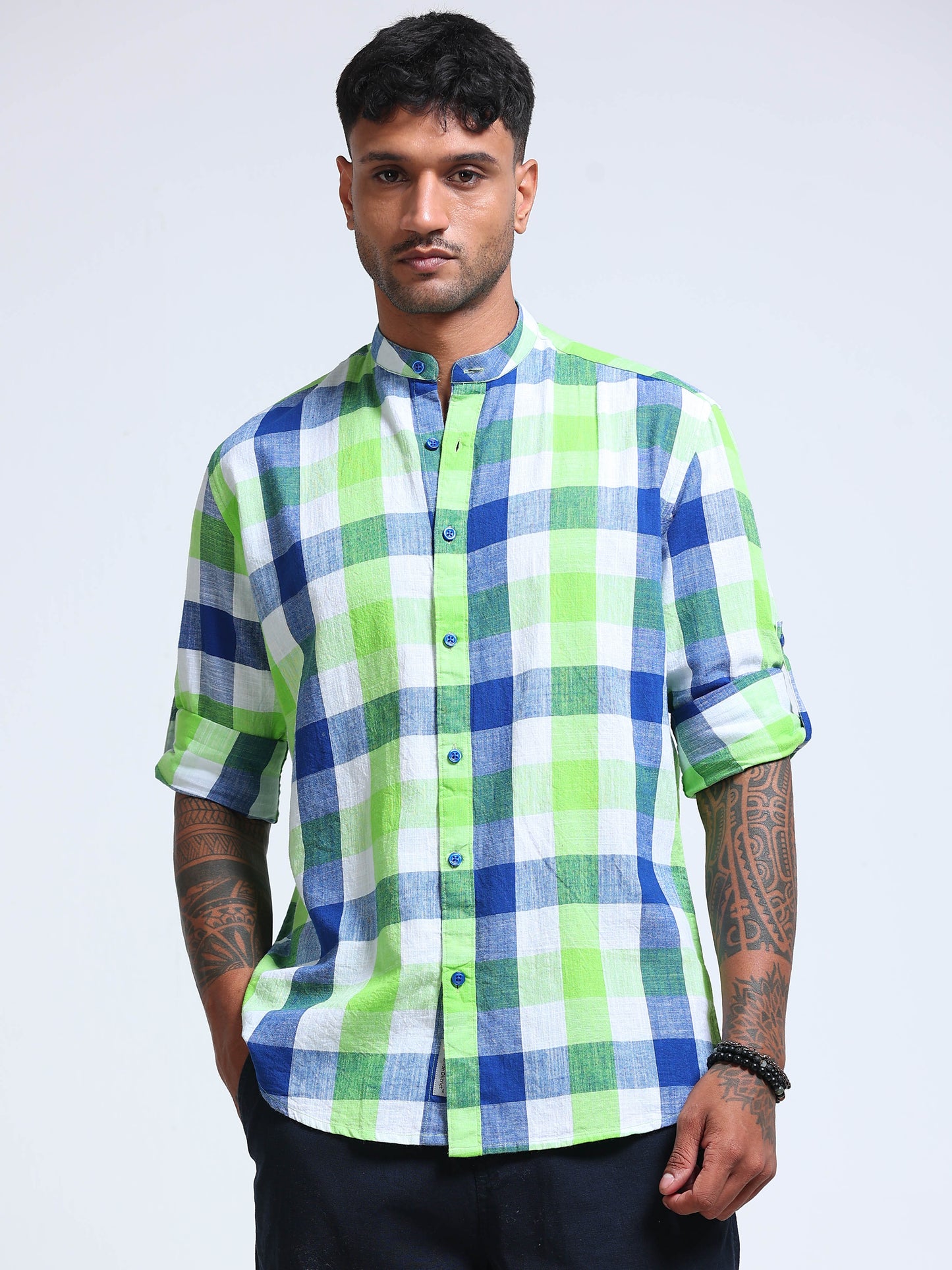 Capri Green Check Chinese Collar Shirt