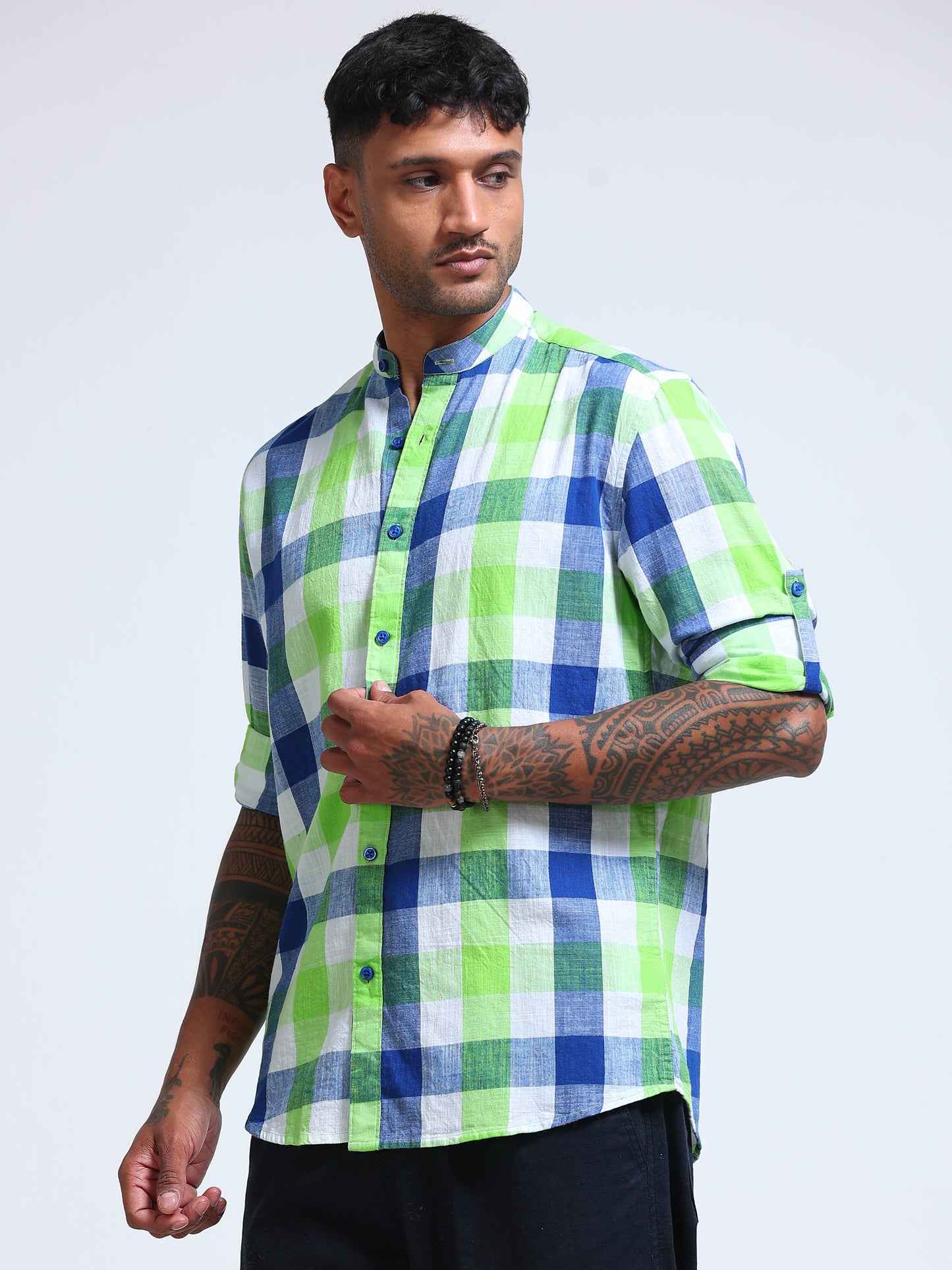 Capri Green Check Chinese Collar Shirt