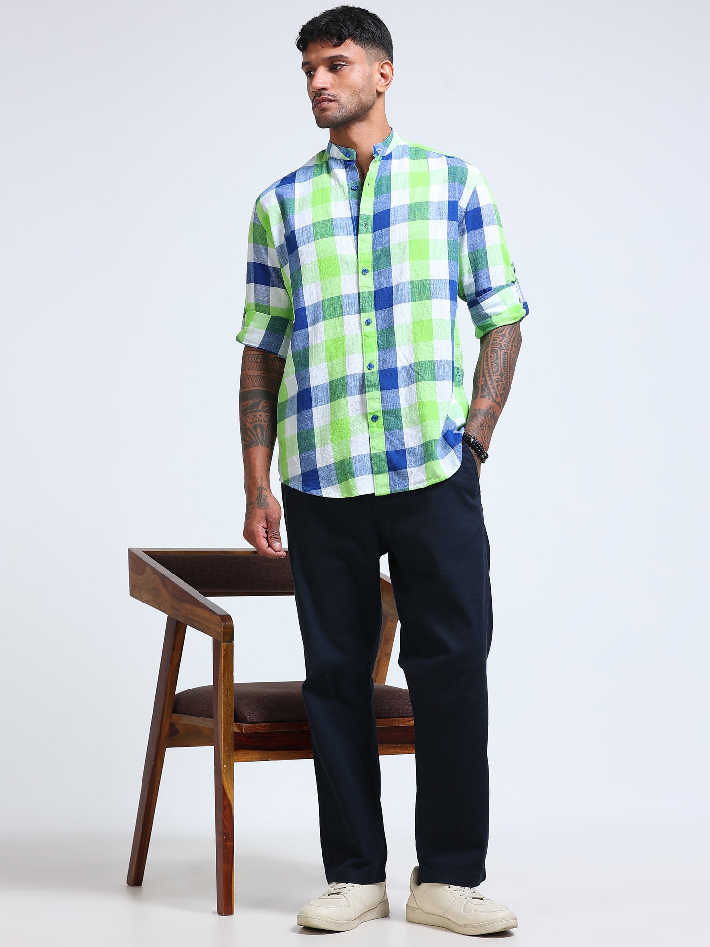 Capri Green Check Chinese Collar Shirt