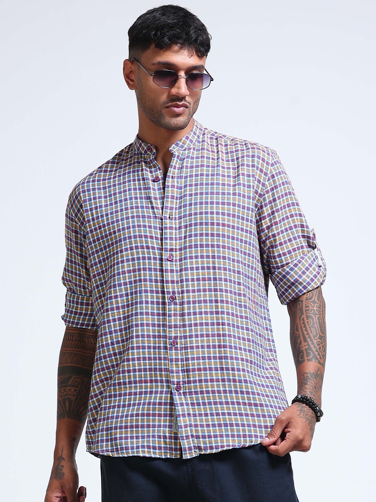 Blue Ember Check Chinese Collar Shirt