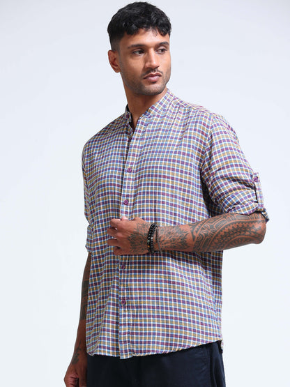 Blue Ember Check Chinese Collar Shirt