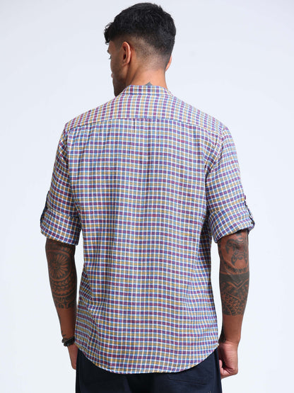 Blue Ember Check Chinese Collar Shirt