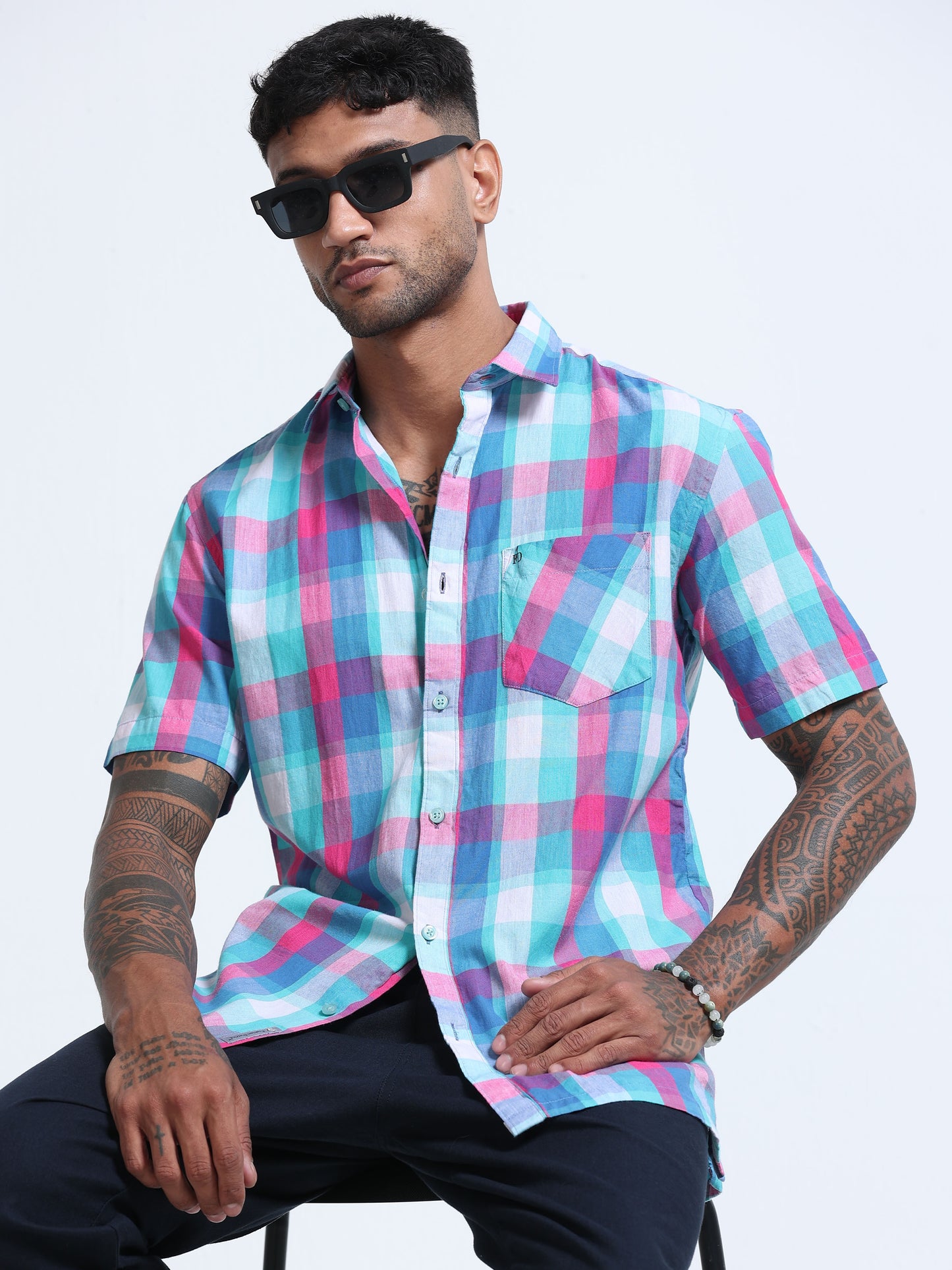 Aqua Horizon Check Half Sleeve Shirt