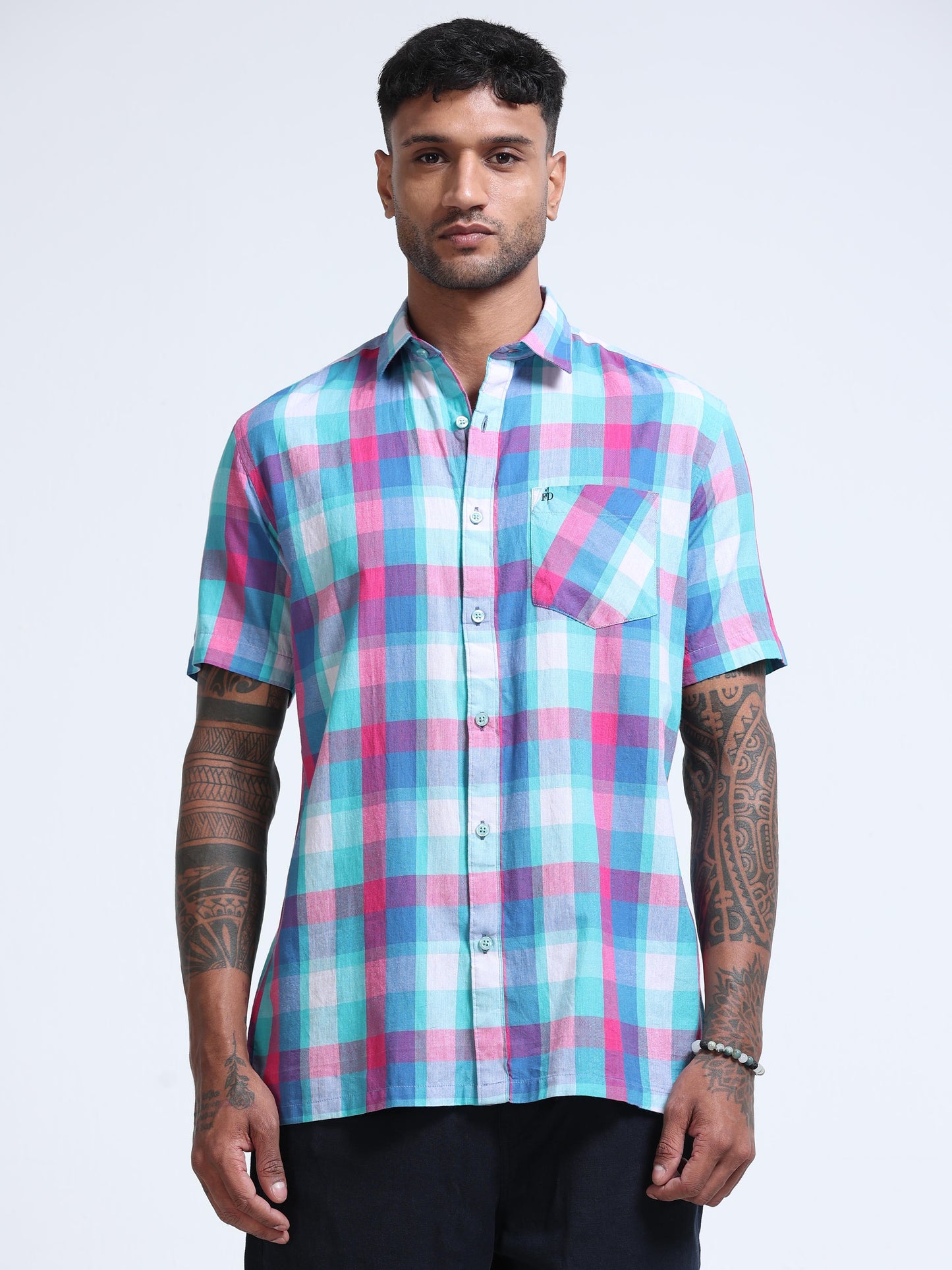 Aqua Horizon Check Half Sleeve Shirt