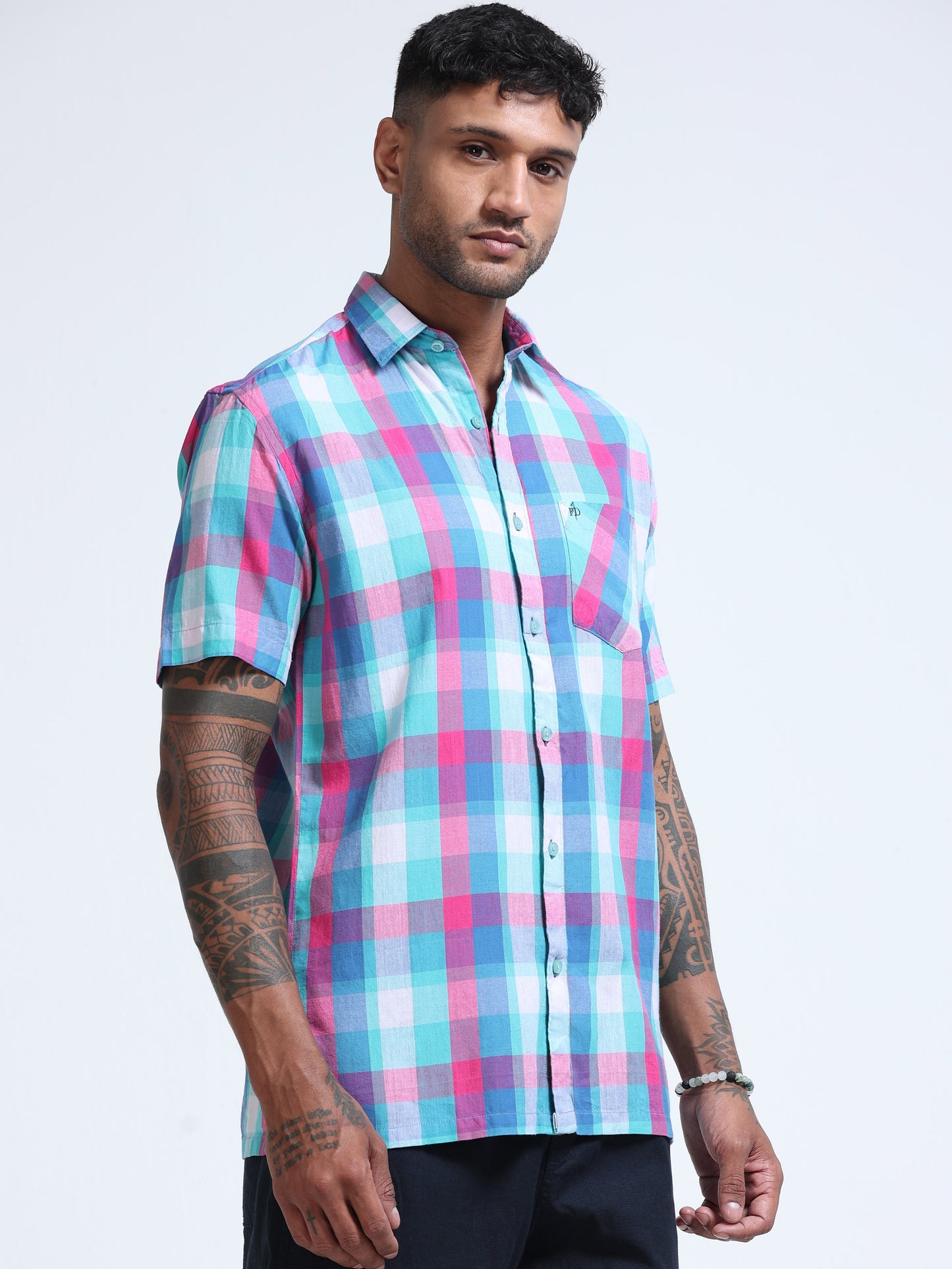 Aqua Horizon Check Half Sleeve Shirt