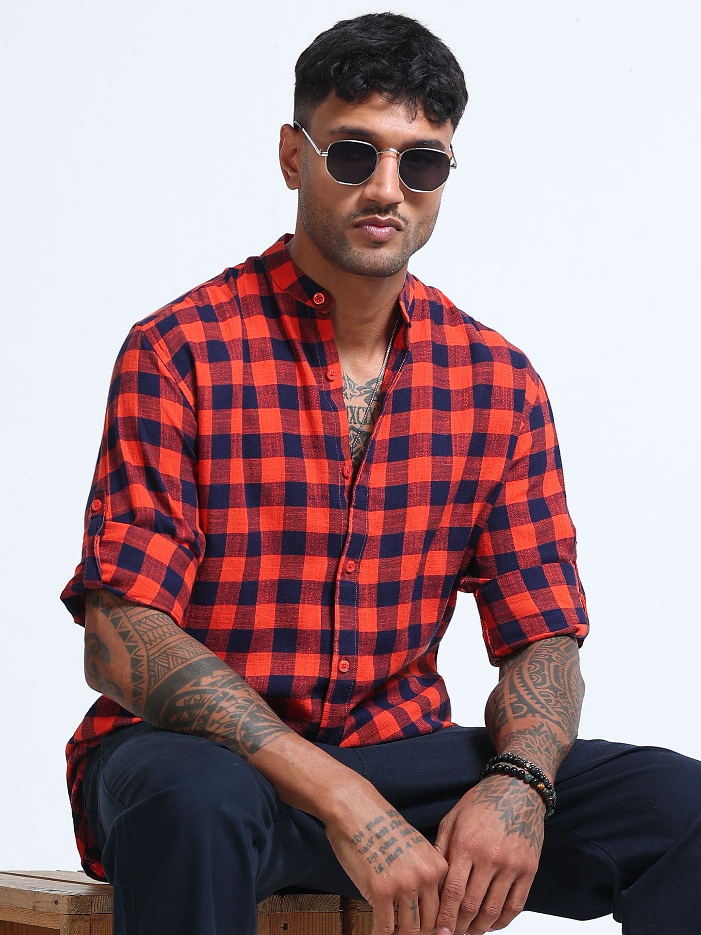 Red Wood Check Chinese Collar Shirt