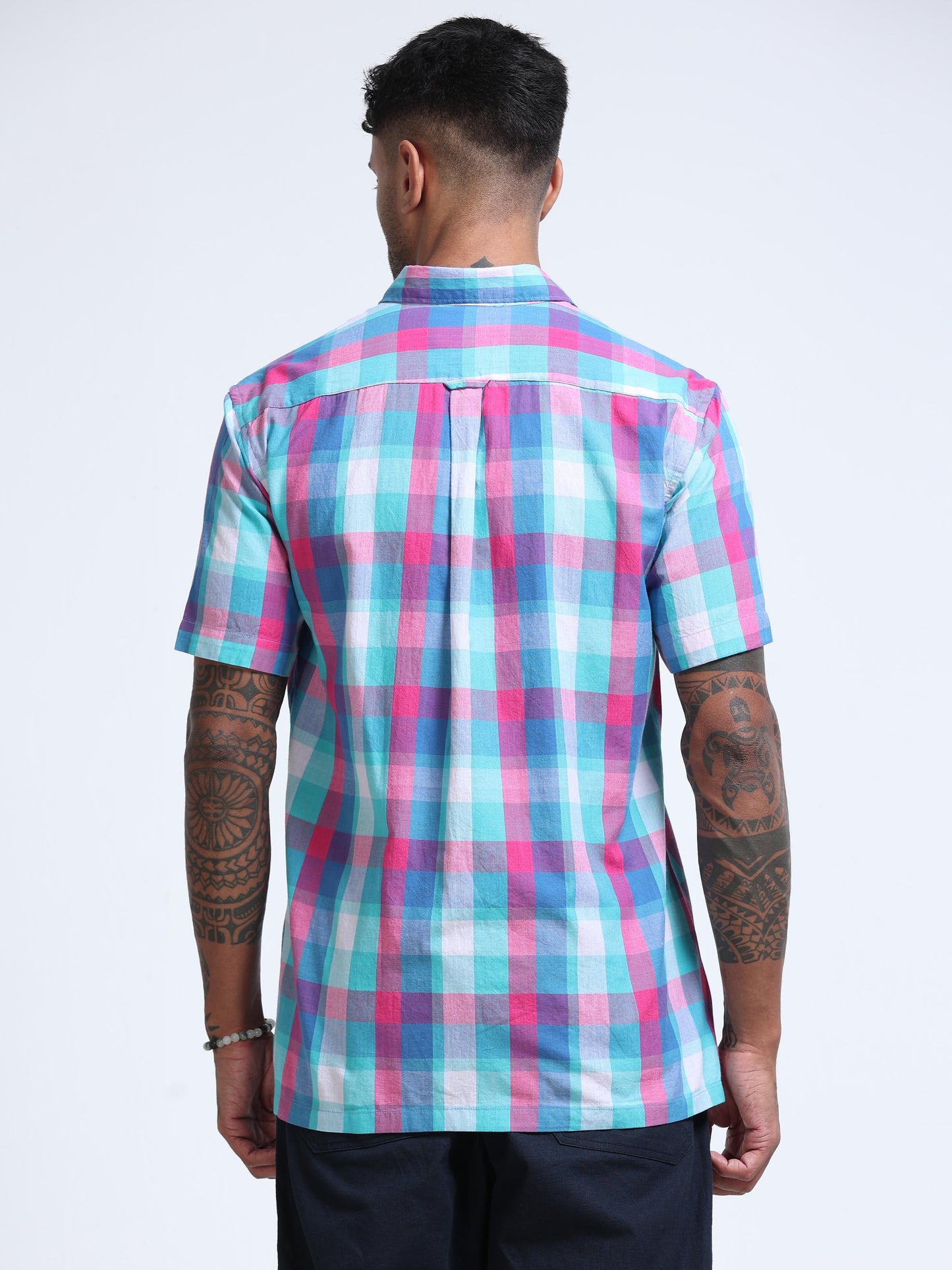 Aqua Horizon Check Half Sleeve Shirt