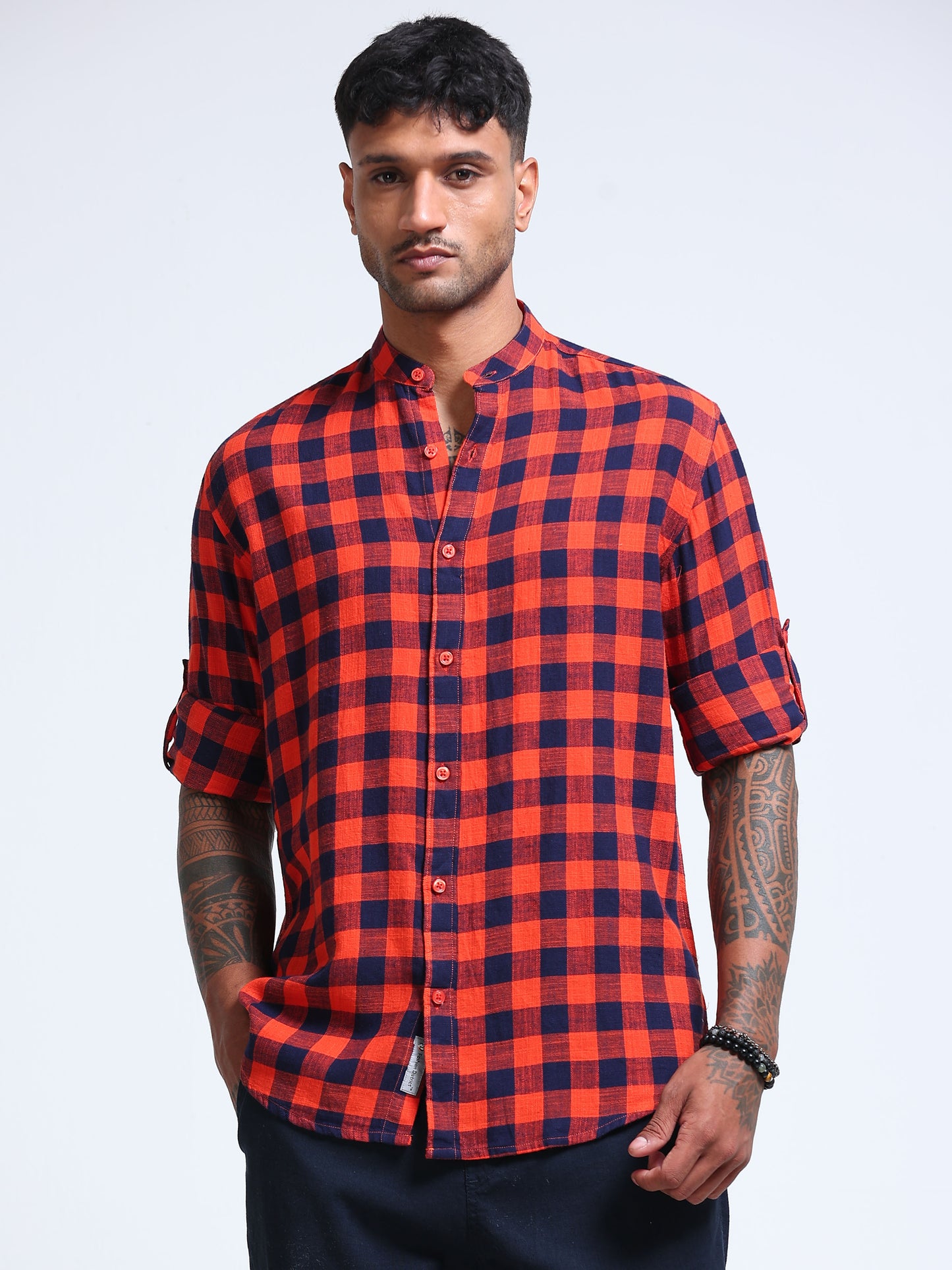 Red Wood Check Chinese Collar Shirt