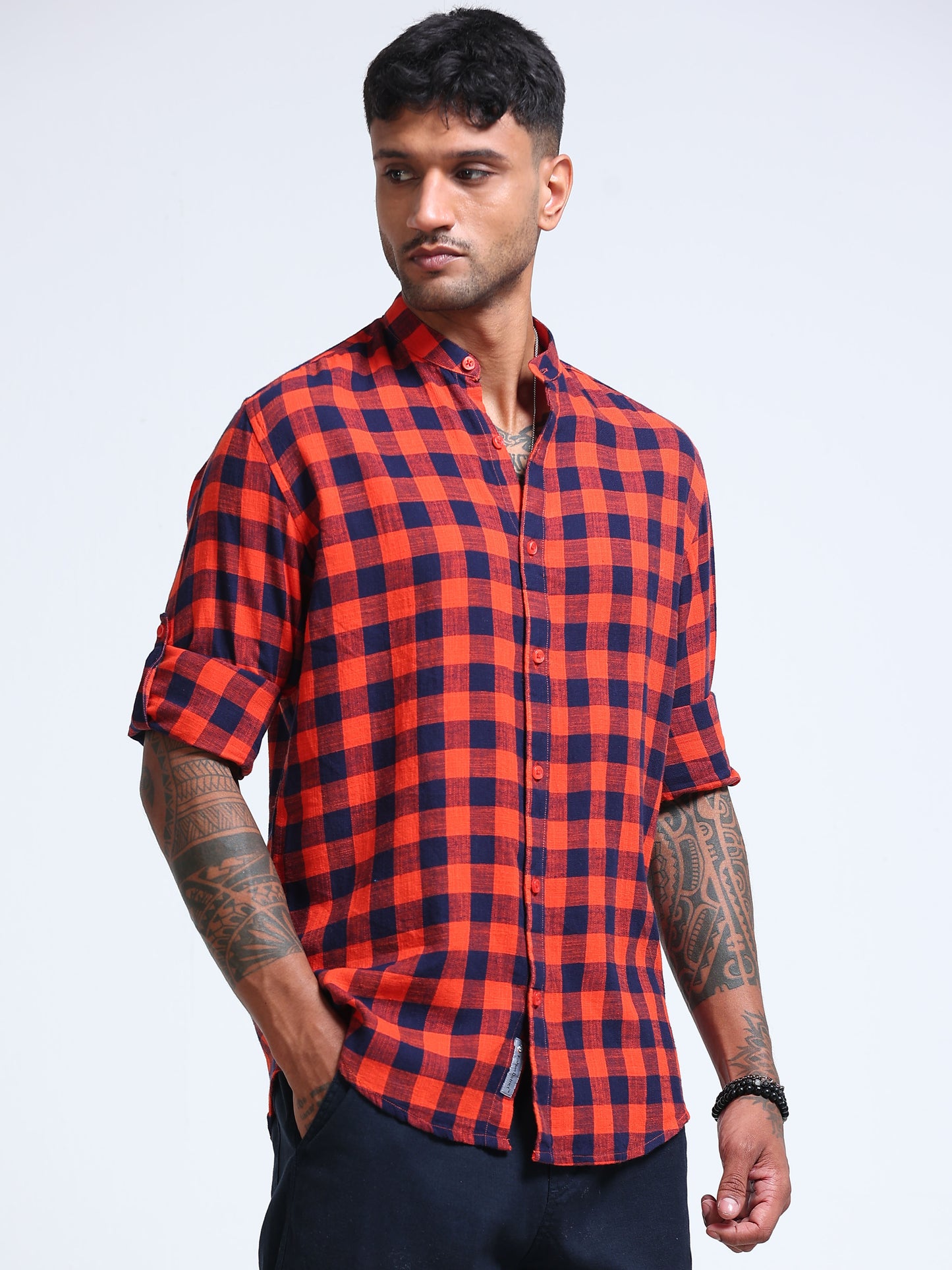 Red Wood Check Chinese Collar Shirt