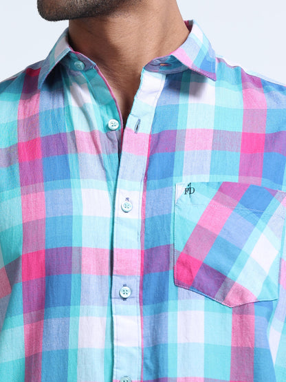Aqua Horizon Check Half Sleeve Shirt