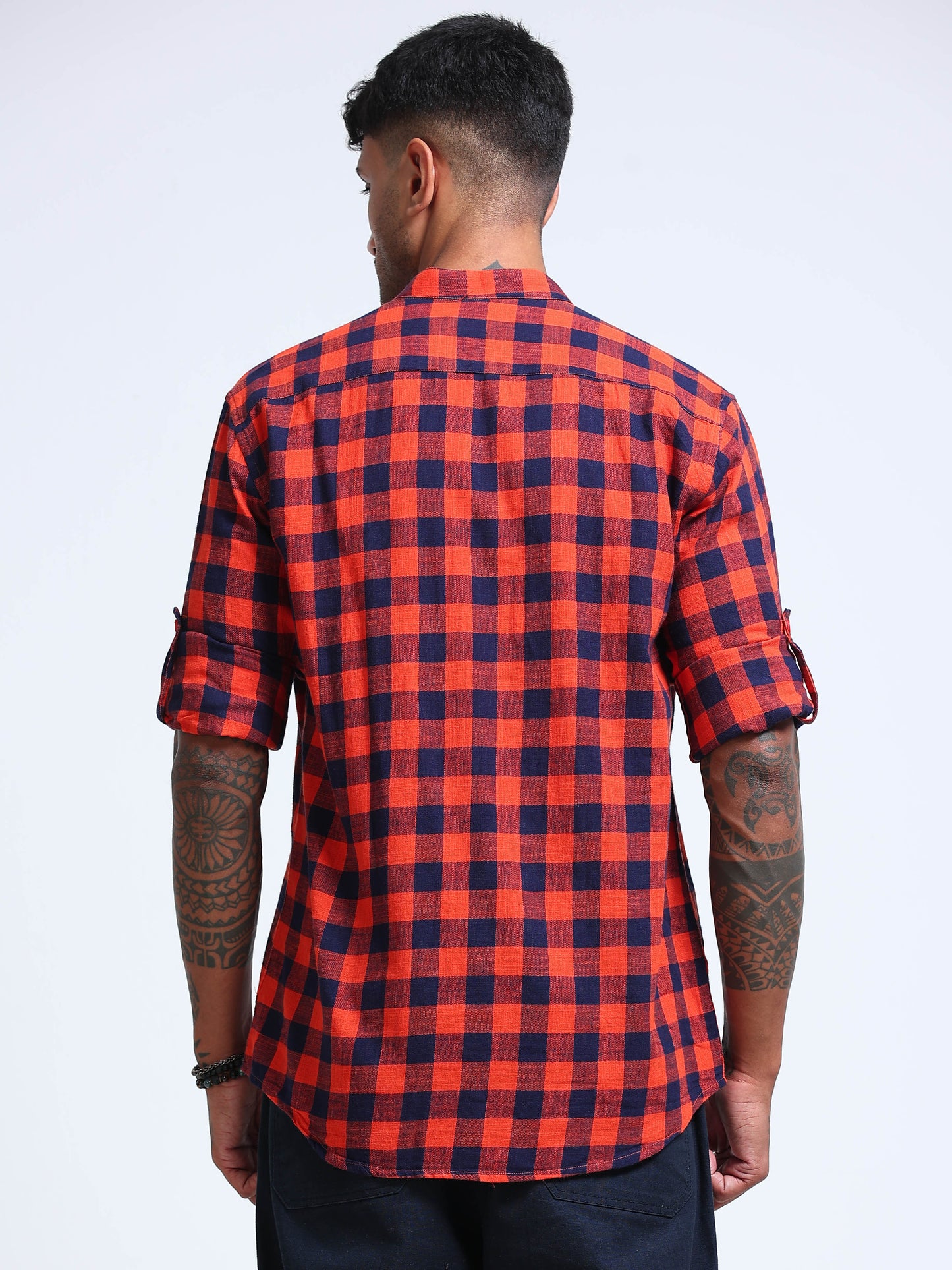 Red Wood Check Chinese Collar Shirt
