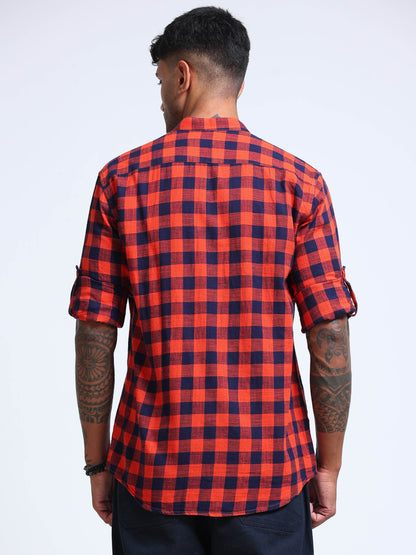Red Wood Check Chinese Collar Shirt