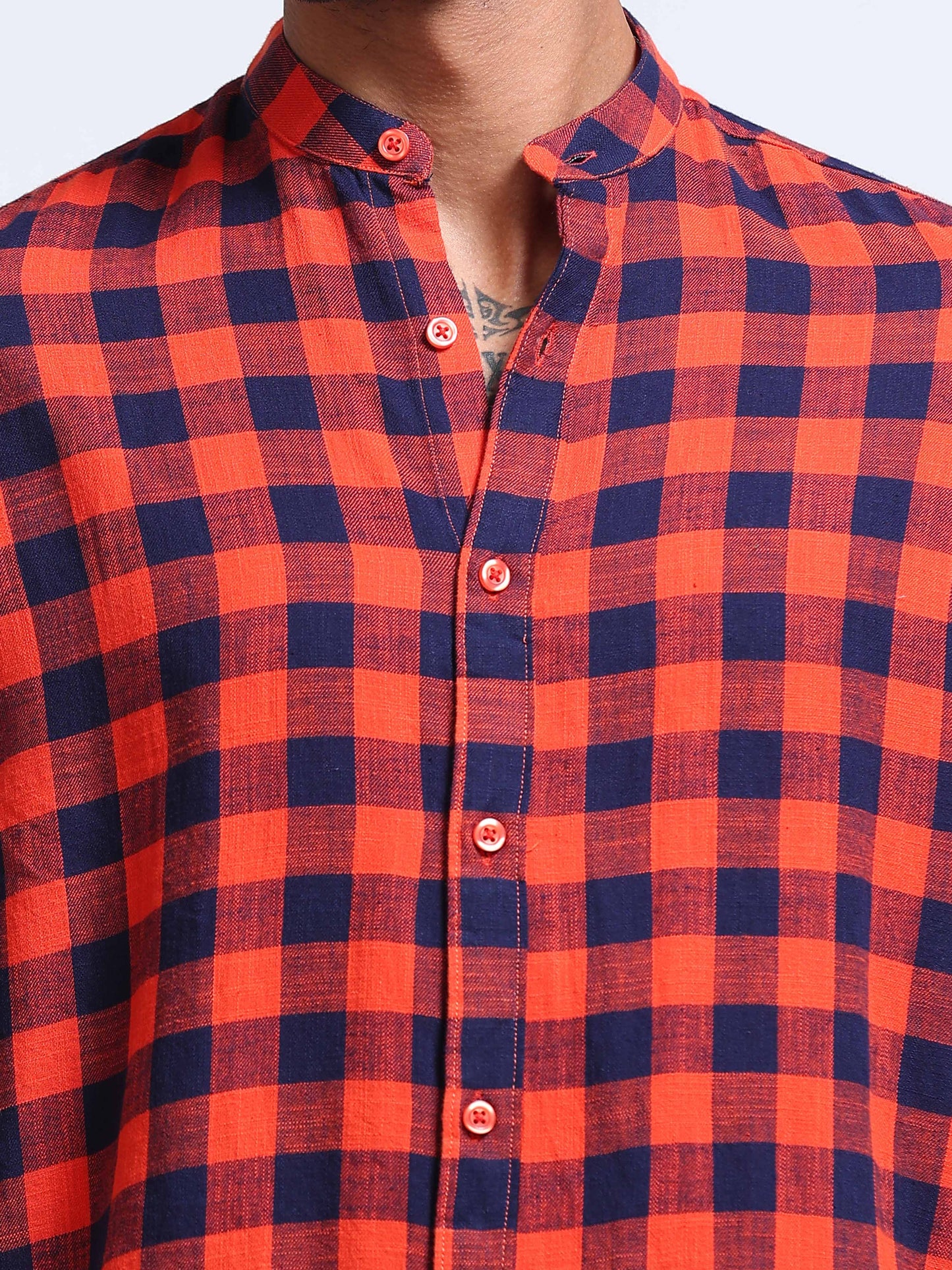 Red Wood Check Chinese Collar Shirt