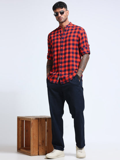 Red Wood Check Chinese Collar Shirt