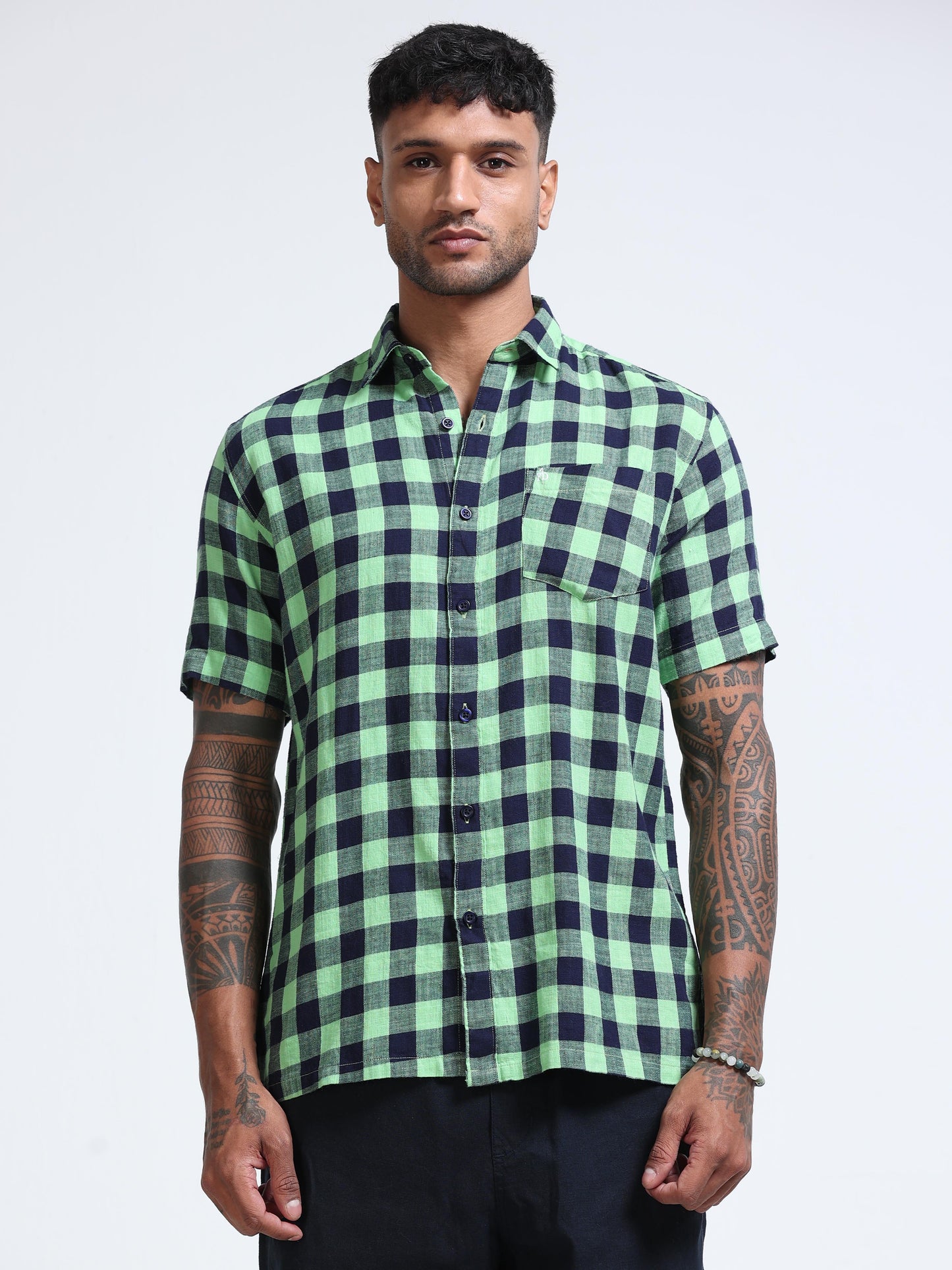 Green Horizon Check Half Sleeve Shirt