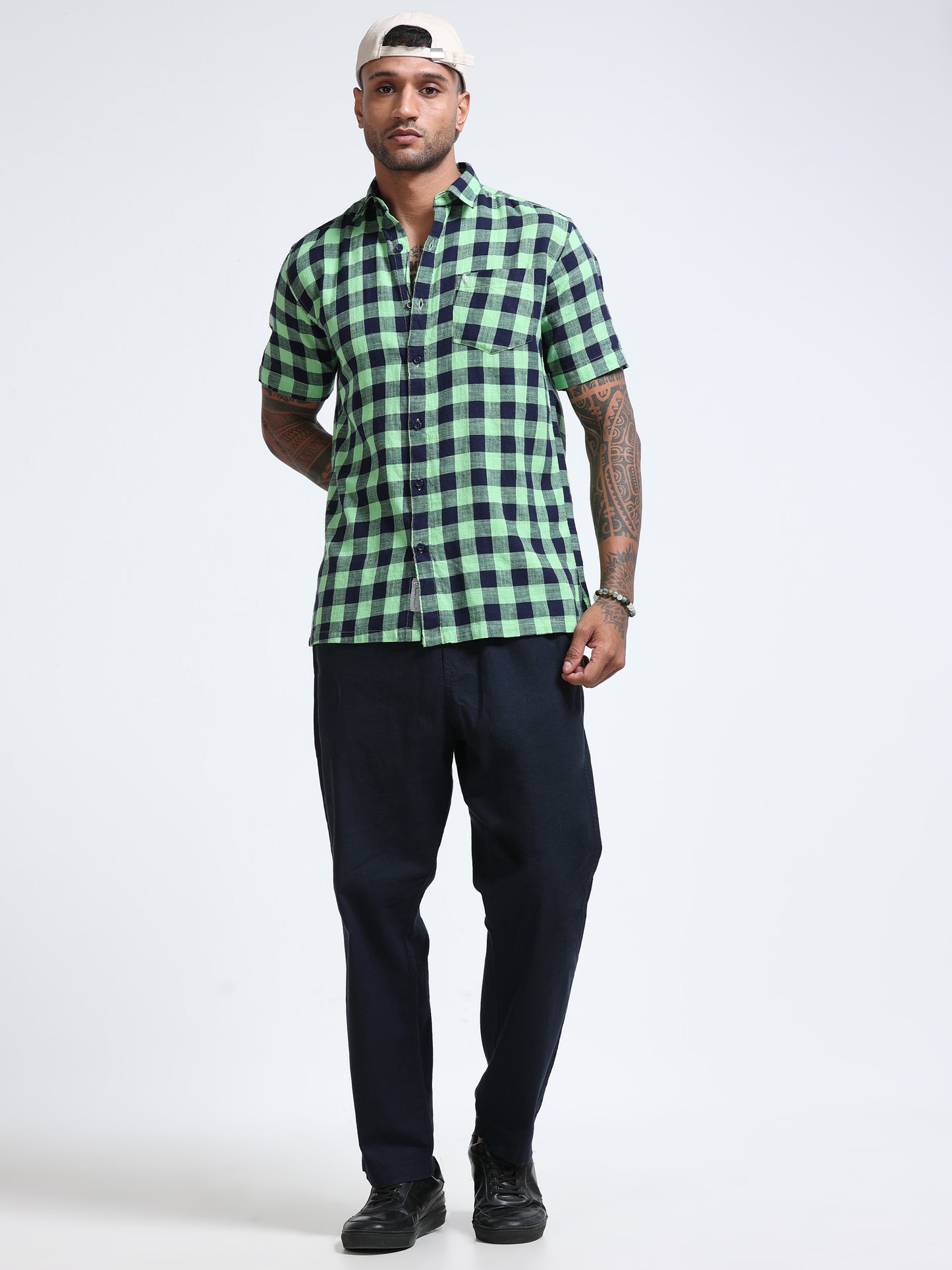 Green Horizon Check Half Sleeve Shirt