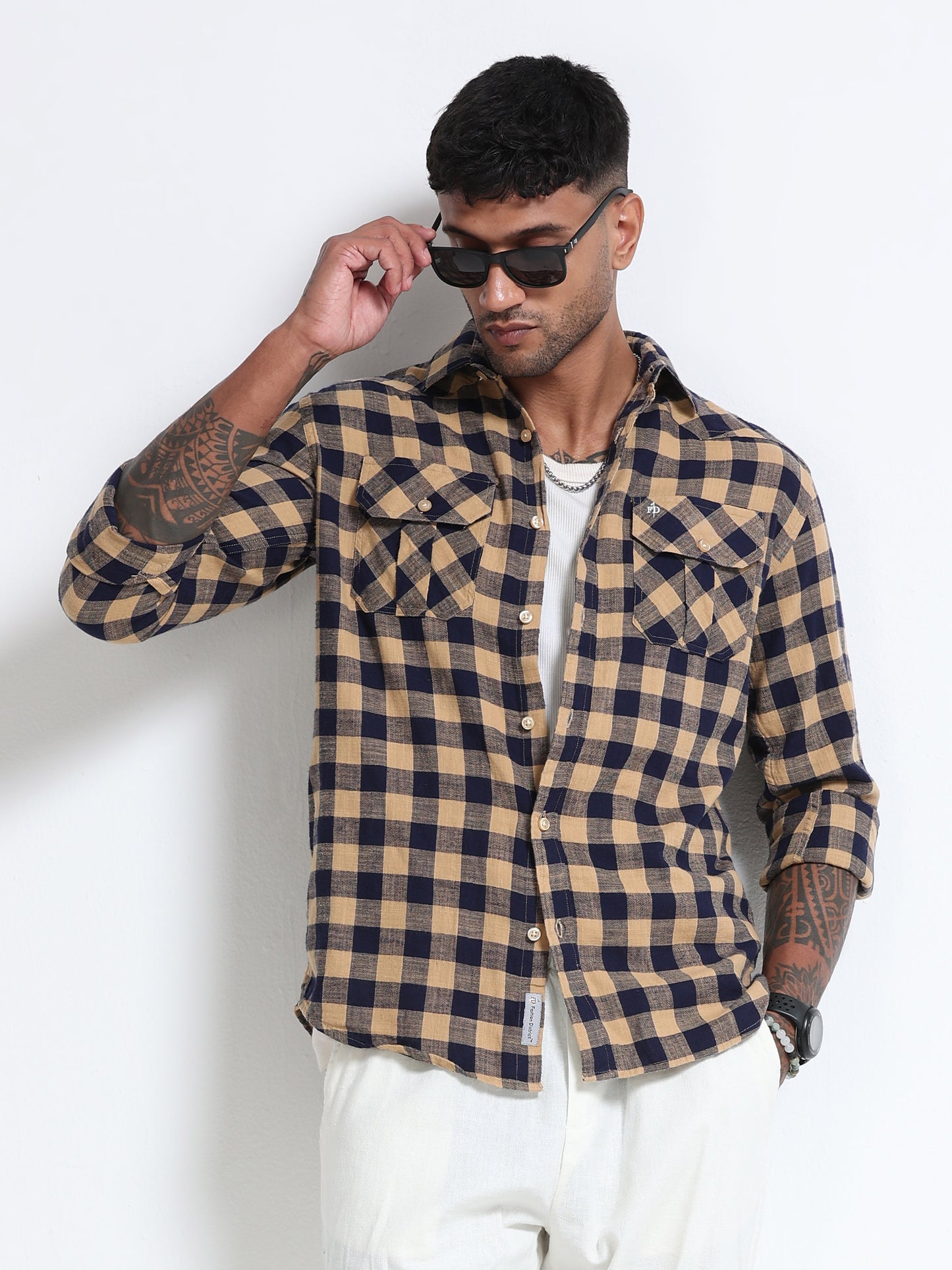 Desert Navy Check Double Pocket Shirt