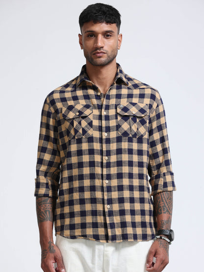 Desert Navy Check Double Pocket Shirt