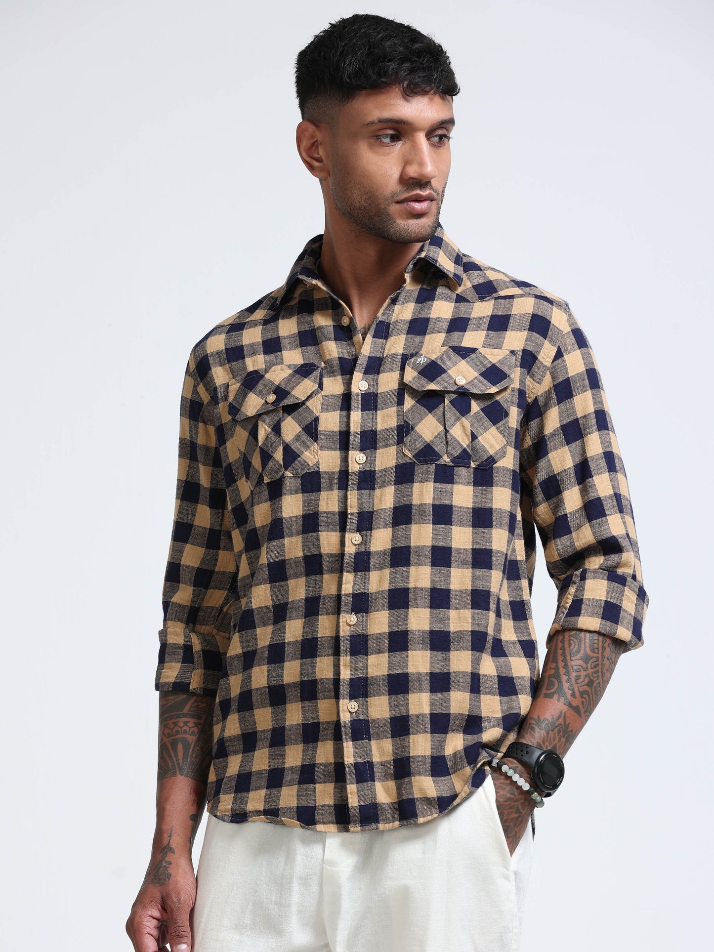 Desert Navy Check Double Pocket Shirt