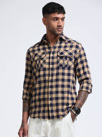 Desert Navy Check Double Pocket Shirt
