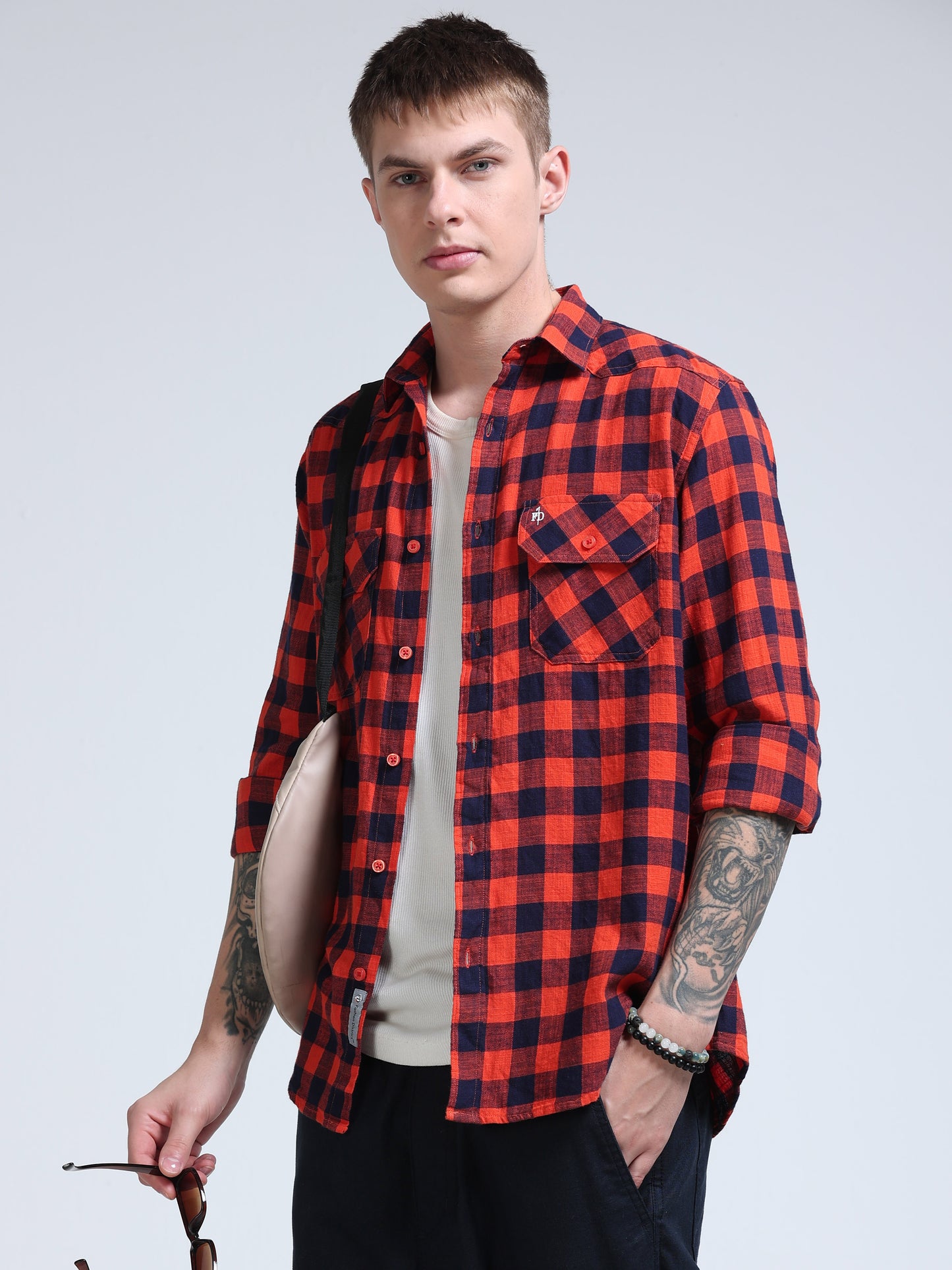 Red Wood Plaid Check Double Pocket Shirt