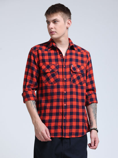 Red Wood Plaid Check Double Pocket Shirt
