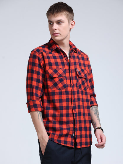 Red Wood Plaid Check Double Pocket Shirt