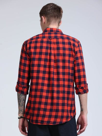 Red Wood Plaid Check Double Pocket Shirt