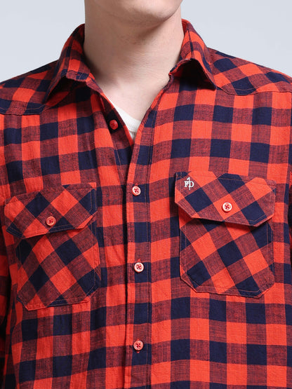 Red Wood Plaid Check Double Pocket Shirt