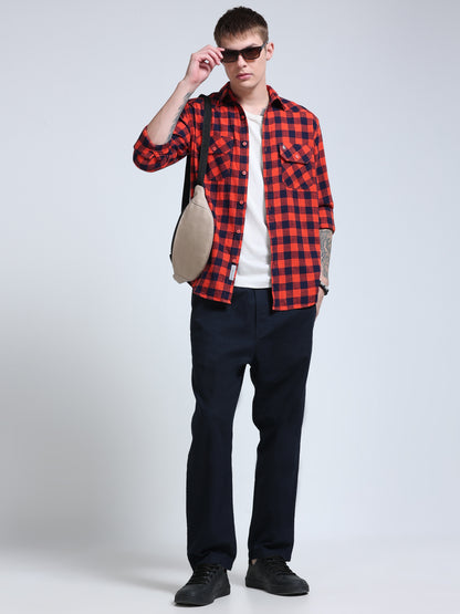Red Wood Plaid Check Double Pocket Shirt