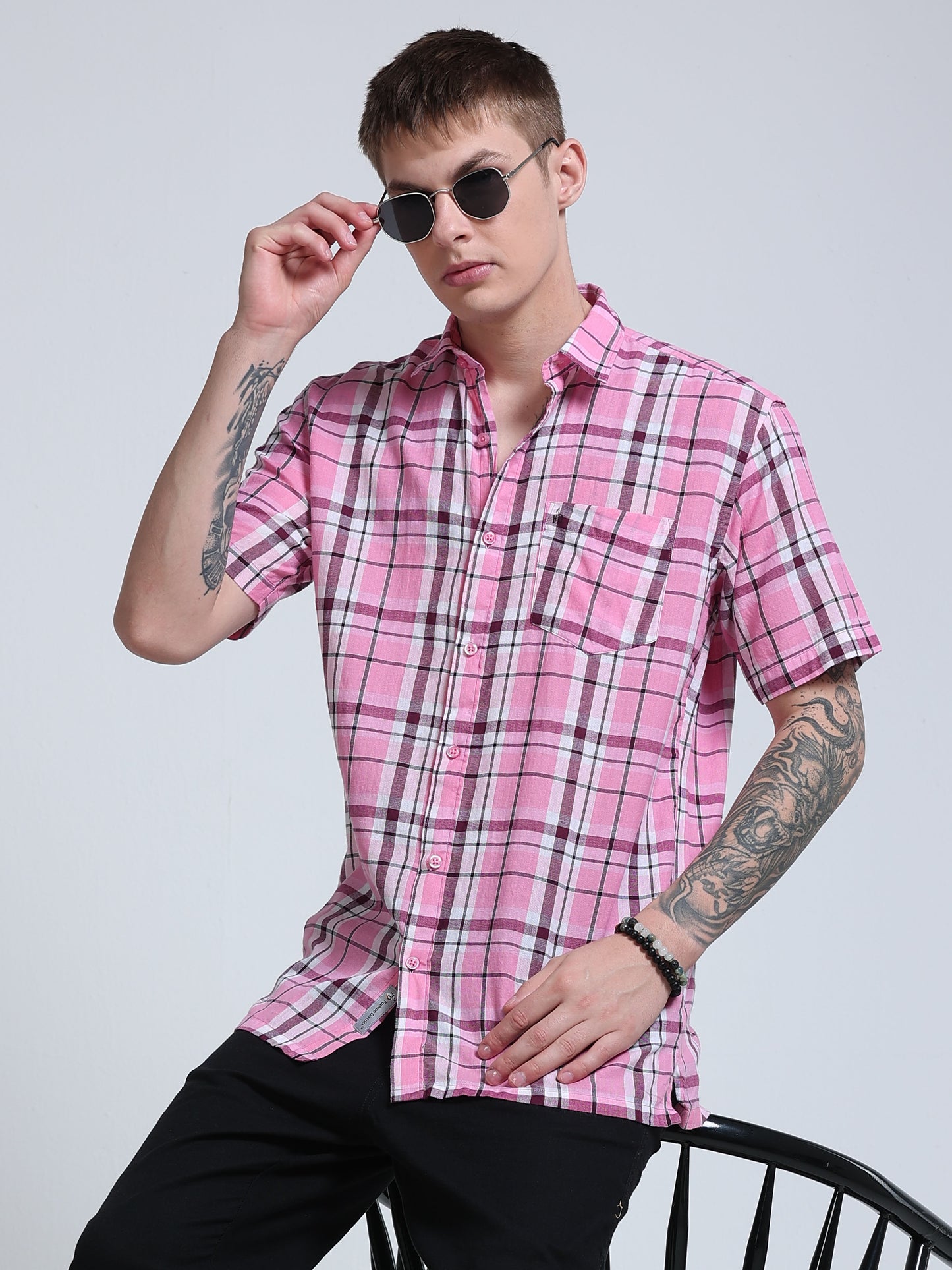 Pink Horizon Check Half Sleeve Shirt
